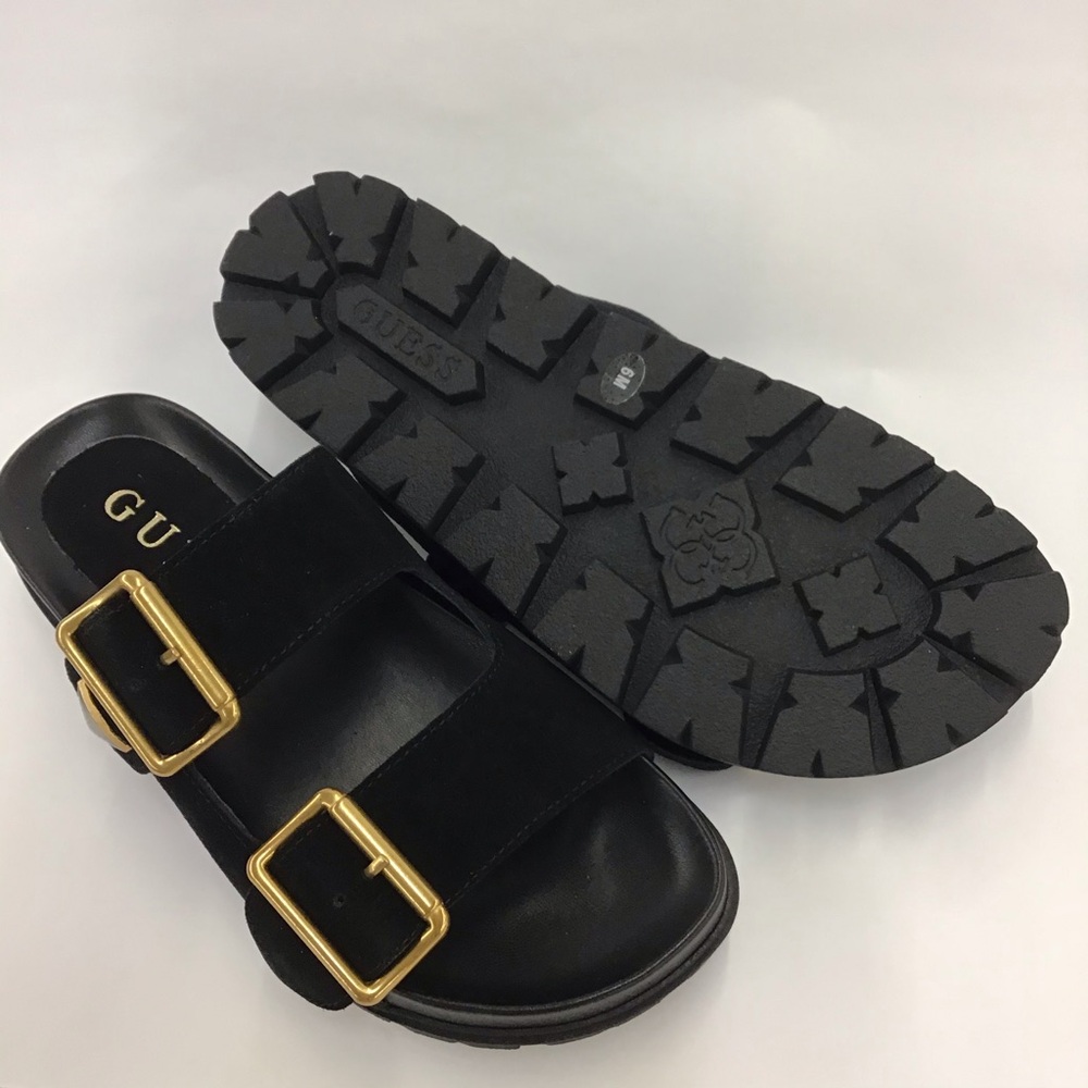 New Womens Guess Suede Sandals Fasten Double-Buckle Footbed Size 6 M Black 001 - Picture 3 of 7